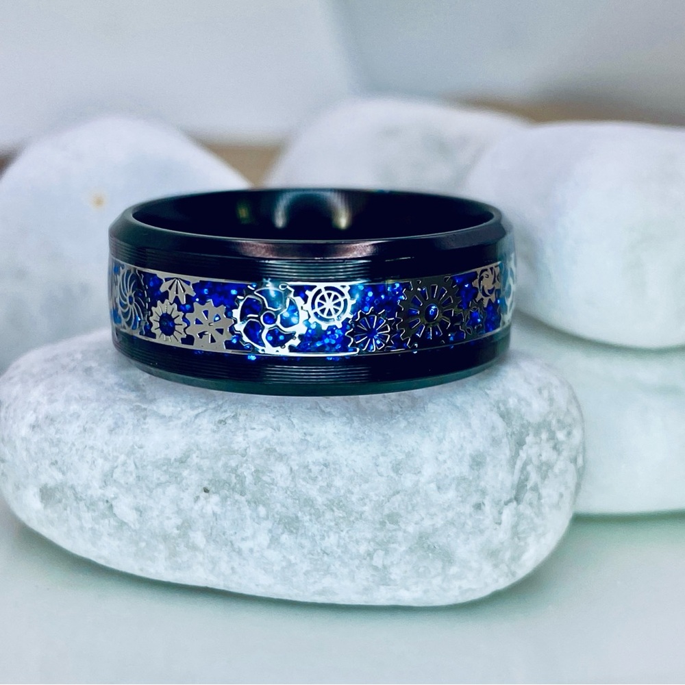 Titanium Steel Gears X Sparkling Blue Accents Black Statement Band Unisex Ring